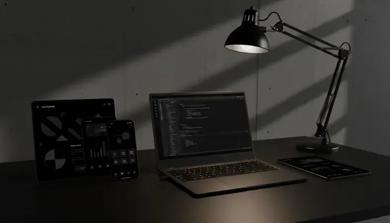Modern sports app interface showing live scores, player stats, and betting options on multiple devices