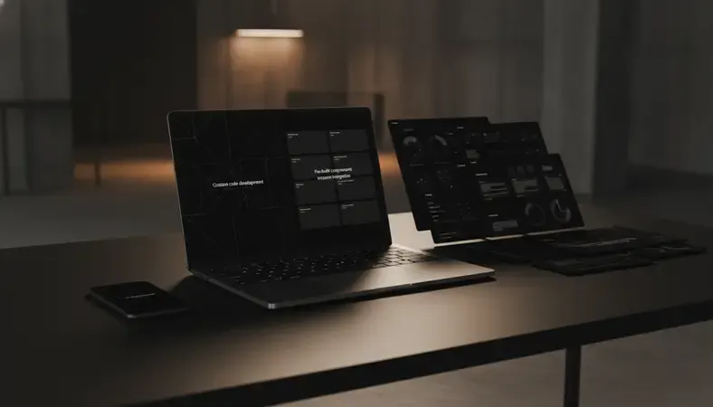 Split-screen showing custom code development on one side and pre-built component integration on the other