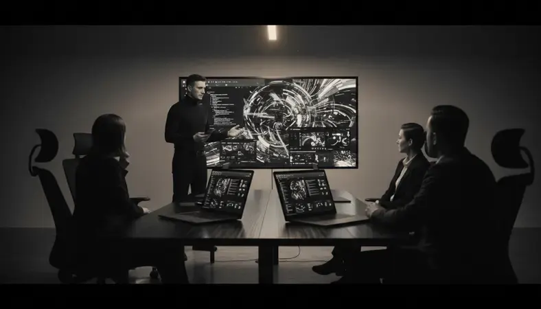 Developer presenting sports app case studies on a large screen to potential clients