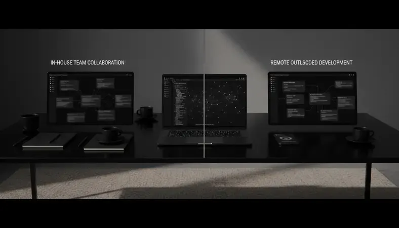 Split-screen comparison showing in-house team collaboration versus remote outsourced development team