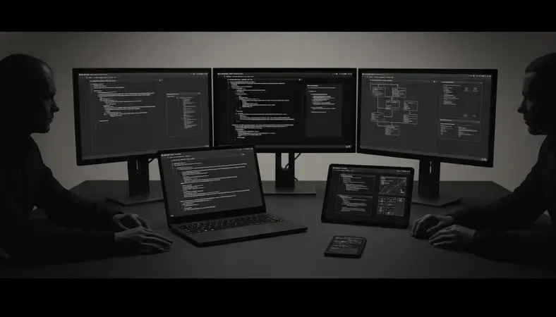 Development team reviewing code architecture and technical specifications on multiple monitors