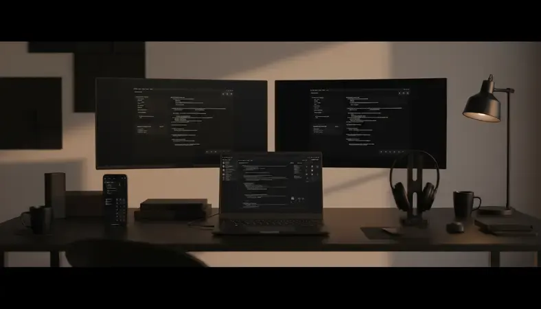 Professional development team working on Ruby on Rails applications with multiple monitors showing code