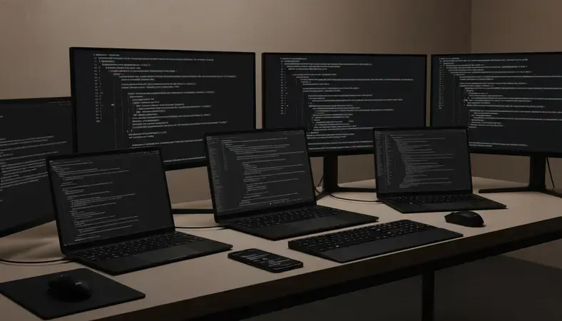 Professional development team working on Ruby on Rails applications with multiple monitors showing code