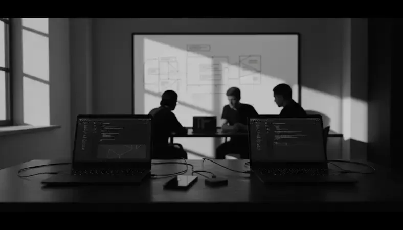 Development team collaborating on Rails application architecture with whiteboards and laptops