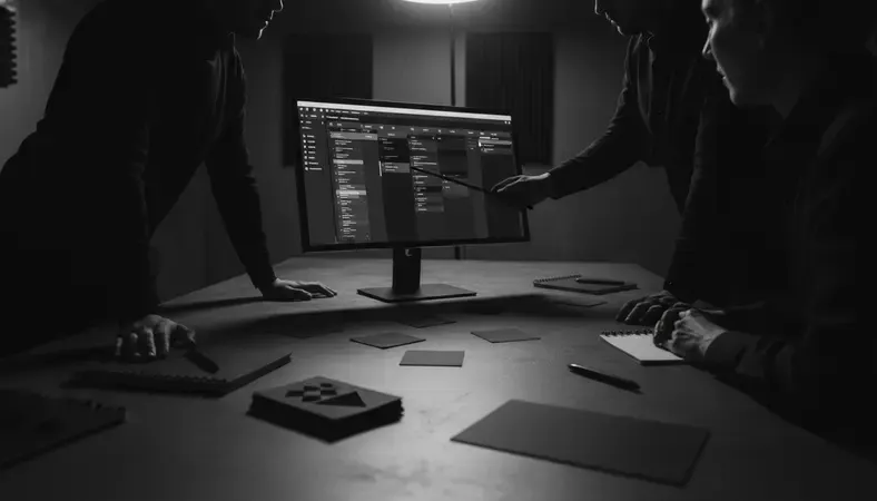 Team collaborating around a digital kanban board with sticky notes and sprint planning materials