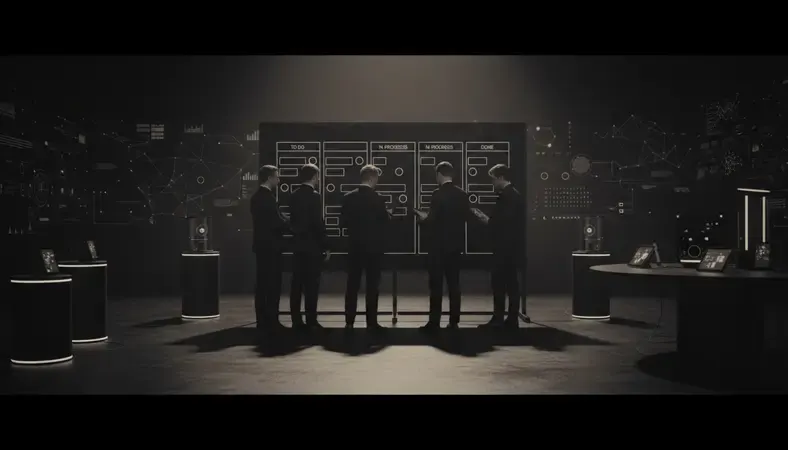 Development team having a daily standup meeting with a physical kanban board visible