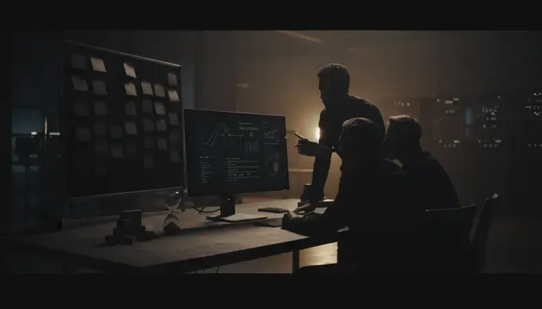 Development team collaborating around a computer screen with sticky notes on a whiteboard showing sprint planning