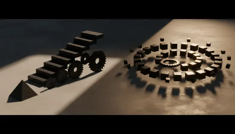 Split screen comparison showing waterfall's linear phases versus agile's iterative cycles