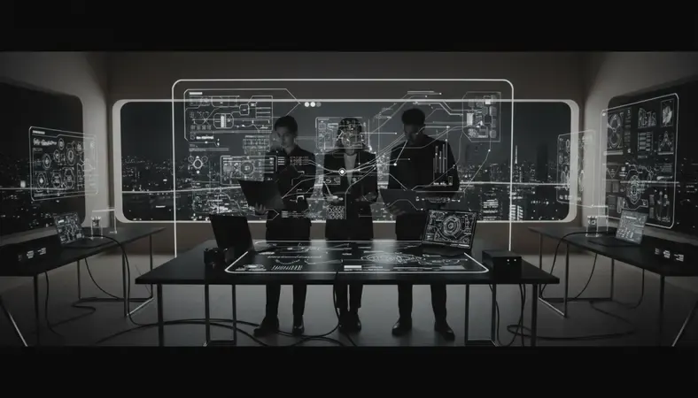 Rails development team collaborating on architecture planning with laptops and whiteboards showing system diagrams