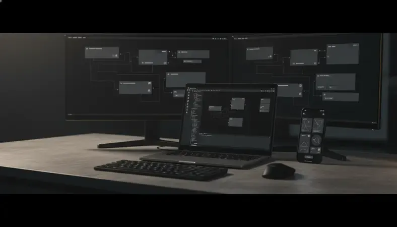 Modern development workspace with multiple screens showing rapid application development tools and prototypes