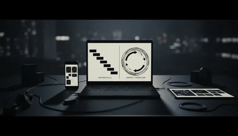 Split screen showing traditional waterfall development timeline versus rapid iterative RAD cycles