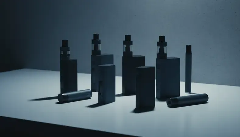 Modern nicotine vape devices displayed on clean white background showing different types and sizes
