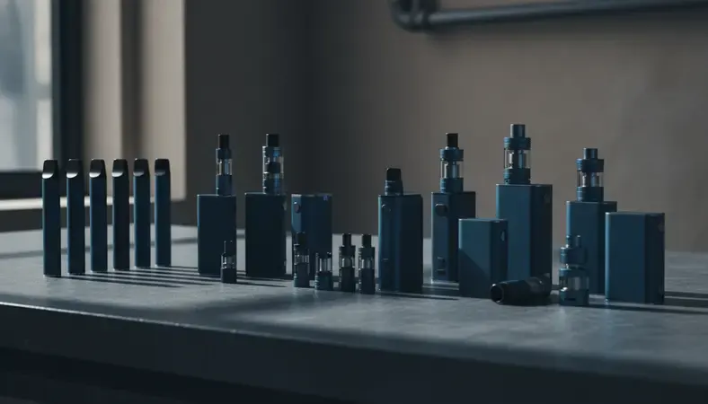 Different types of nicotine vapes arranged in categories showing disposables, pods, and mods