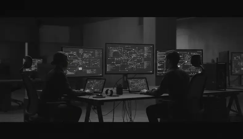 Developer team reviewing Ruby on Rails code on multiple monitors in a modern tech office