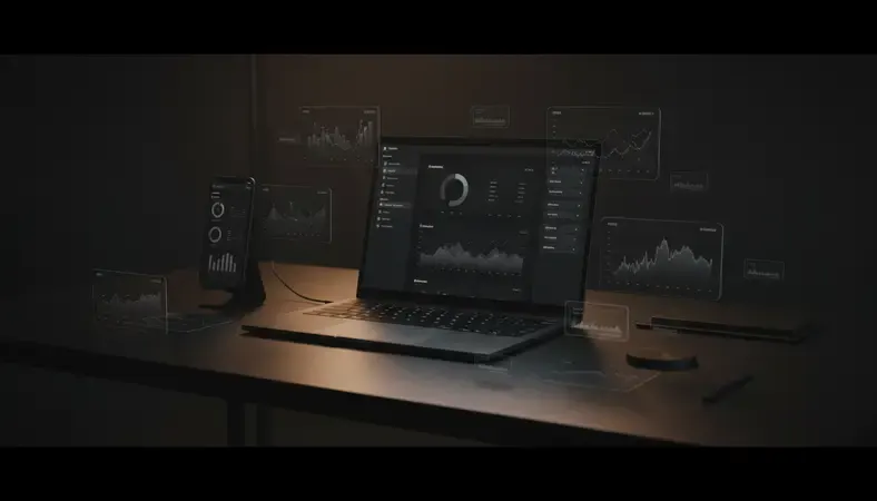 Laptop screen showing a SaaS dashboard with analytics charts, built on a Ruby on Rails backend