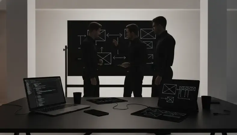 Developer team collaborating around a whiteboard with wireframes and sprint planning notes for rapid application development