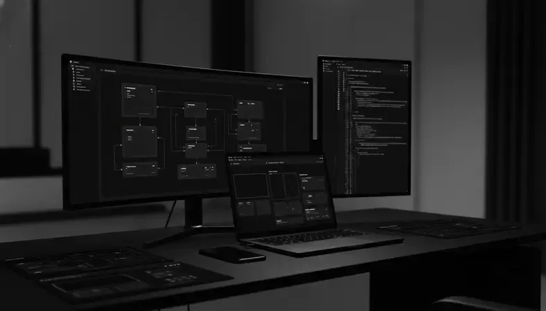 Developer reviewing Ruby on Rails architecture diagram on a dual-monitor workstation