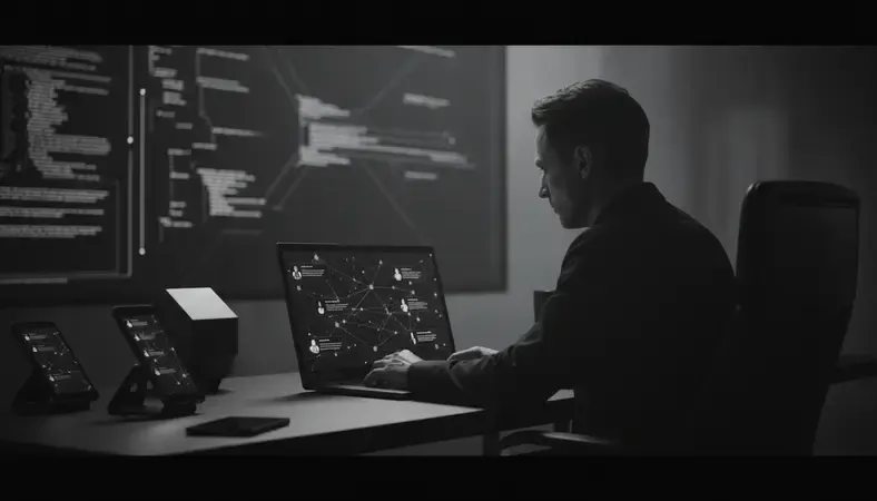 Hiring manager reviewing Ruby on Rails developer profiles on a laptop with code on screen in background