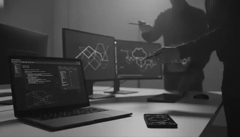 Development team collaborating on SaaS application architecture with cloud infrastructure diagrams on screens