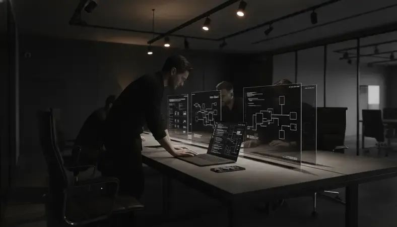 SaaS development team reviewing code and architecture plans in a modern office environment