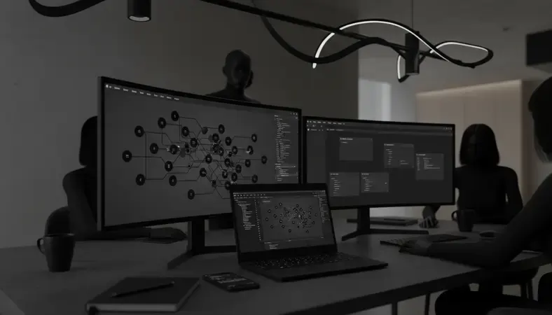 Development team reviewing marketplace platform architecture on large monitors in a modern tech office