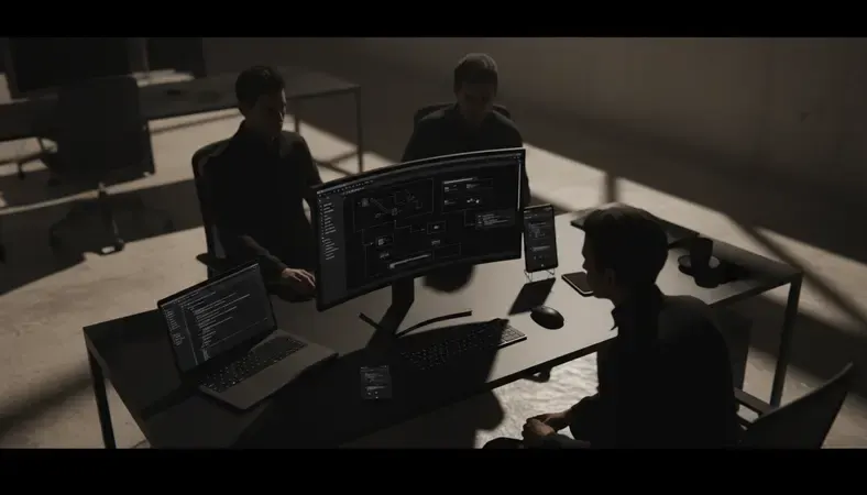 Development team reviewing custom web application architecture on large monitors in a modern office