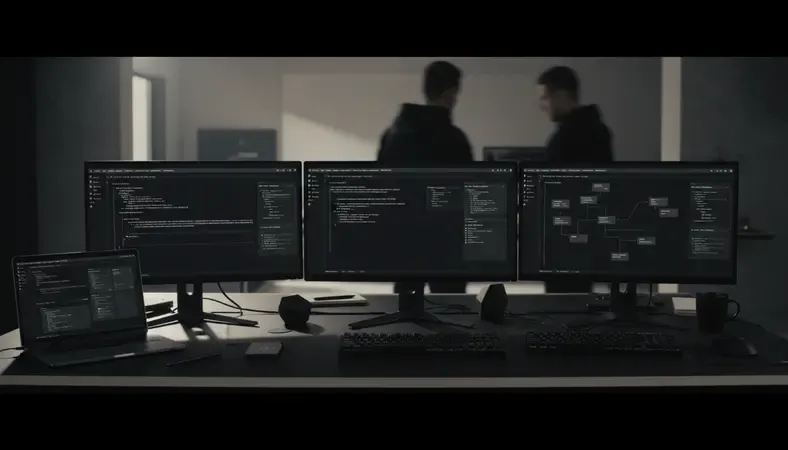 Development team building a Rails SaaS application with code on multiple monitors and architecture diagrams