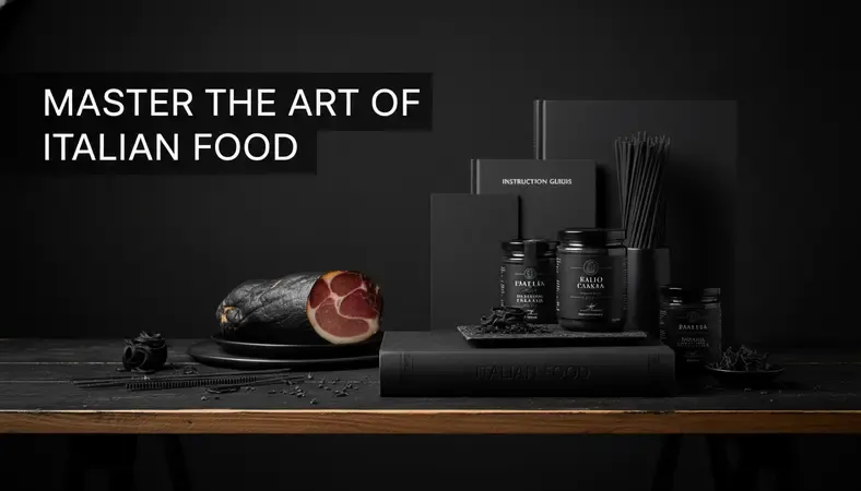 Curated Italian specialty food products including prosciutto di Parma, tomato passata, and pasta arranged on a rustic wooden table