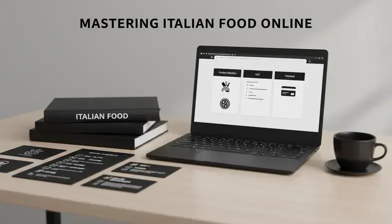 Step-by-step Italian food online ordering process showing product selection, cart, and checkout on a laptop screen