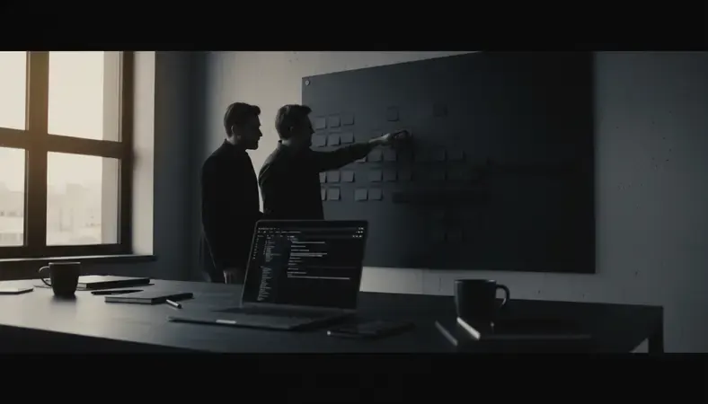 Startup founders collaborating on MVP development whiteboard with sticky notes and sprint planning tools