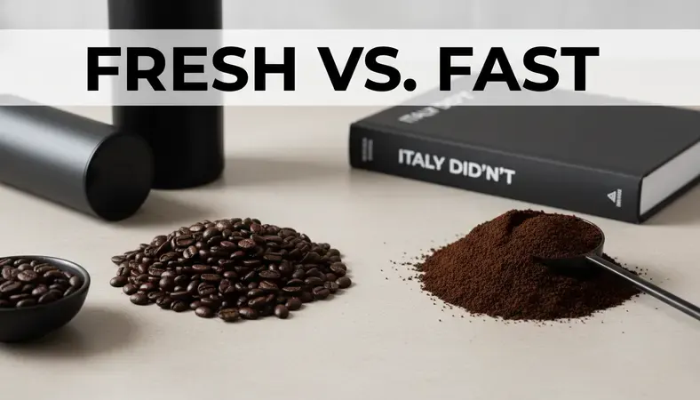 Side-by-side display of whole Italian coffee beans and pre-ground Italian coffee with a grinder, showing the difference in texture and freshness