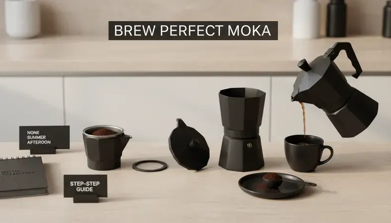 Step-by-step moka pot brewing setup on a stovetop, showing the disassembled parts, ground coffee in the filter basket, and the finished coffee being poured