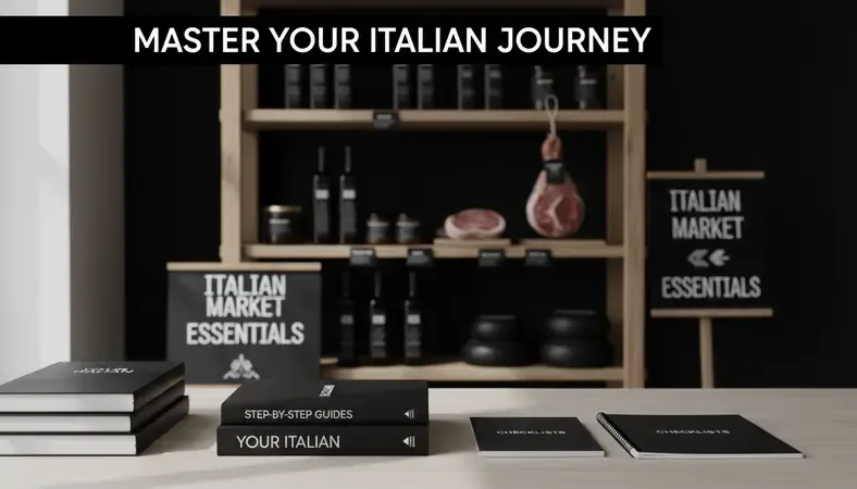 A vibrant Italian market display featuring imported specialty foods, olive oils, cured meats, and artisan cheeses arranged on rustic wooden shelving