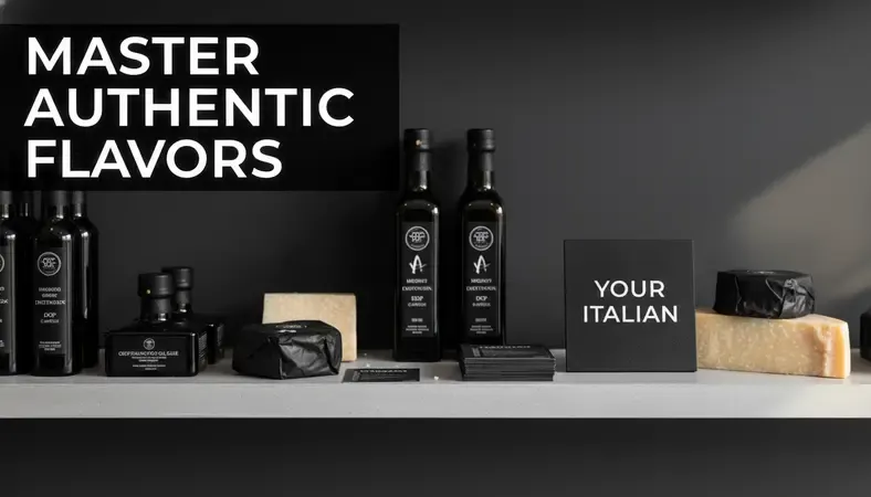 Close-up of authentic Italian specialty products including balsamic glaze bottles, imported olive oil, and DOP-certified cheese on a market shelf