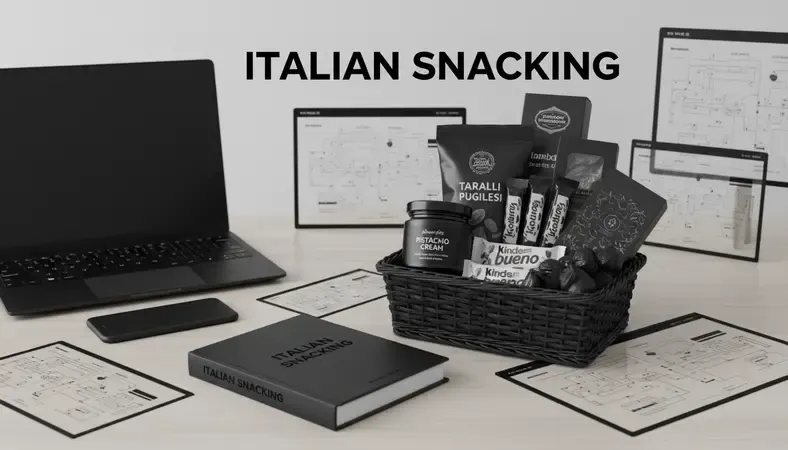 A beautifully arranged Italian snack gift basket containing pistachio cream, taralli, Kinder Bueno, artisan chocolates, and dried figs with Italian regional packaging
